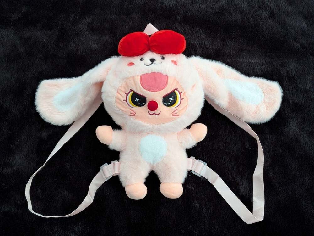 Baby Three Plush Backpack Pink Bunny Rabbit with Red Bow and Adjustable Straps